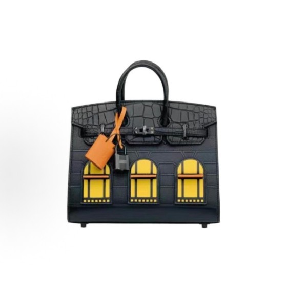 HERMES爱⻢仕 Birkin 20 ⿊扣 ⼥款 雾⾯⿊拼橙⾊拼琥珀⾊